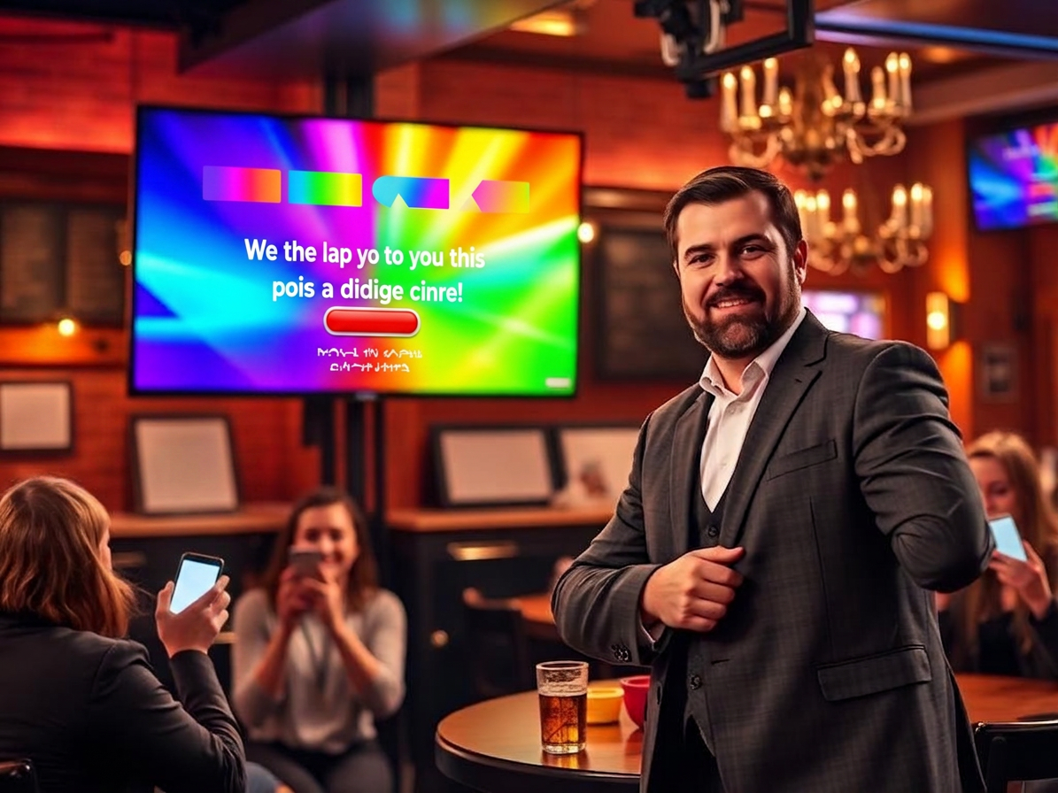 Quiz host running a live game on a big screen in a pub